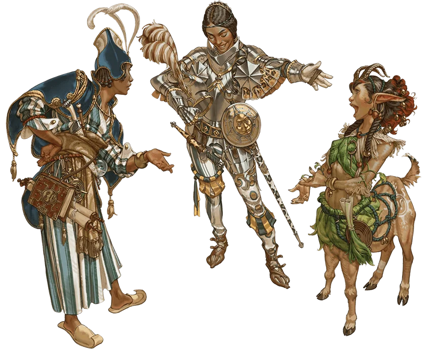 Wizard, paladin, and druid incarnations of the same glitch character share a distinctive sunburst nexus feature