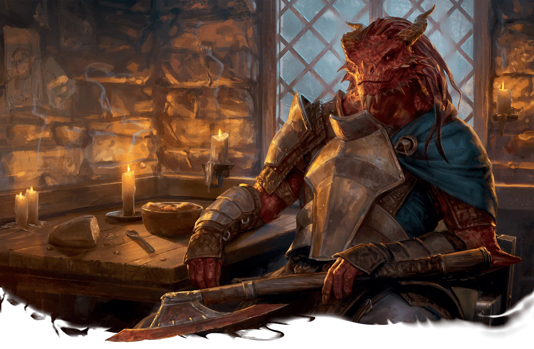 A red dragonborn sell-sword waits for a client